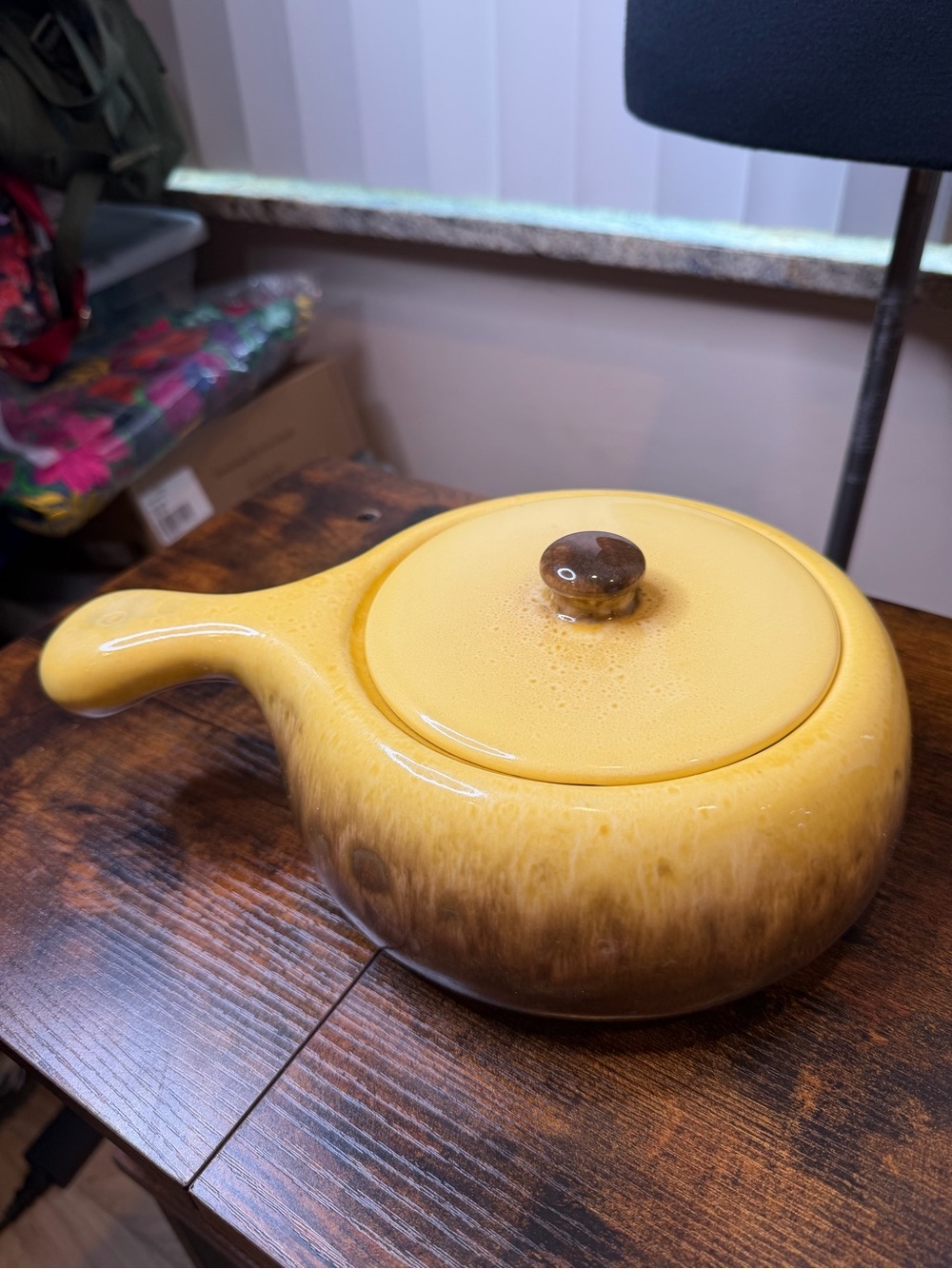 Hull Pottery yellow and brown drip glaze handled casserole dish 10.5 inch